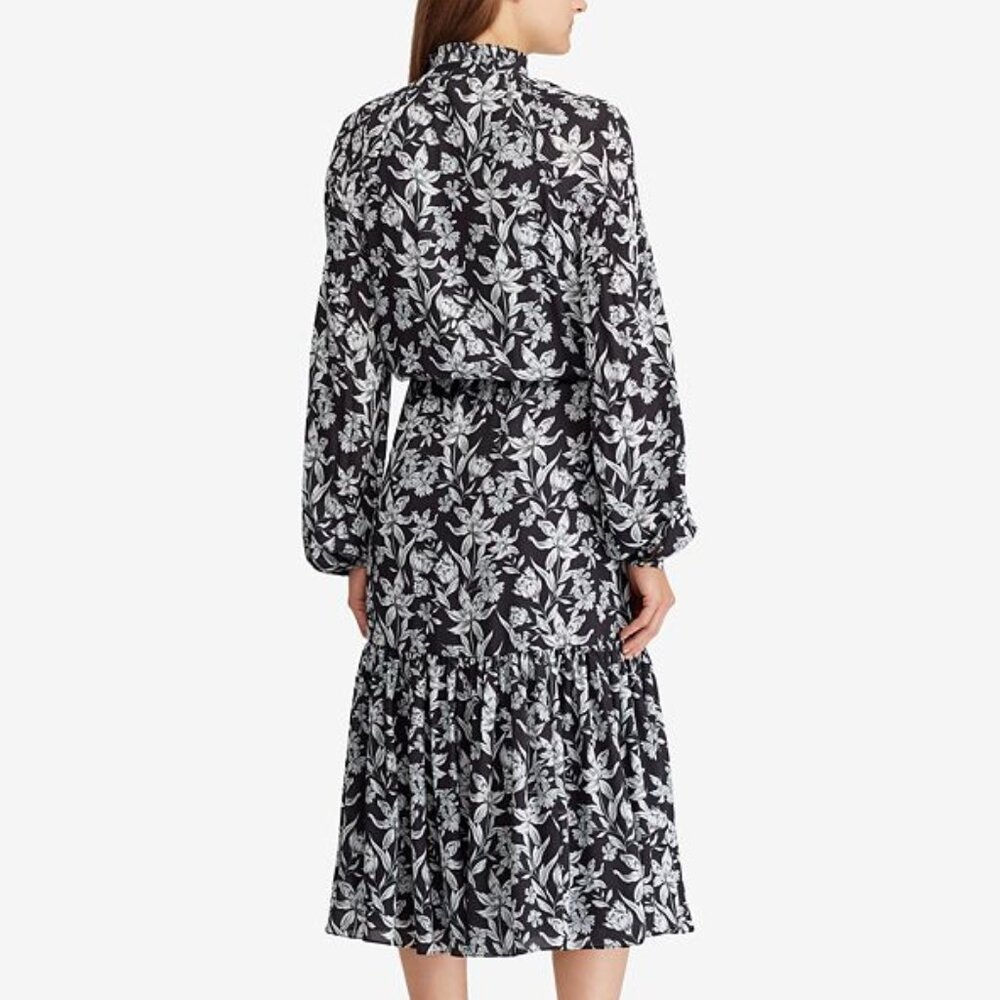 New LAUREN Ralph Lauren Chiffon Long Sleeve Ruffle High Neck Floral Dress P3050